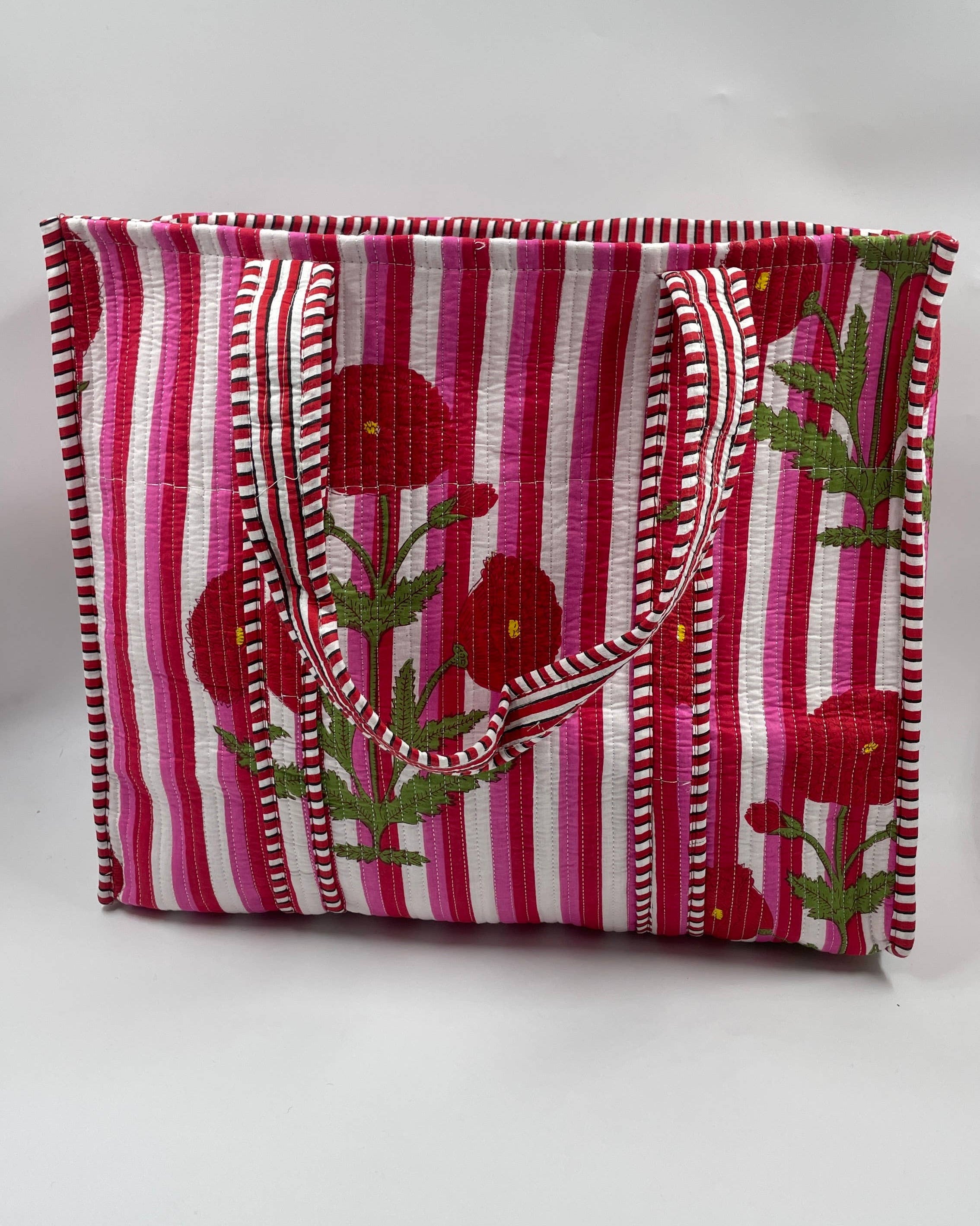 Pink & Red Floral Cotton Quilted Tote Bag