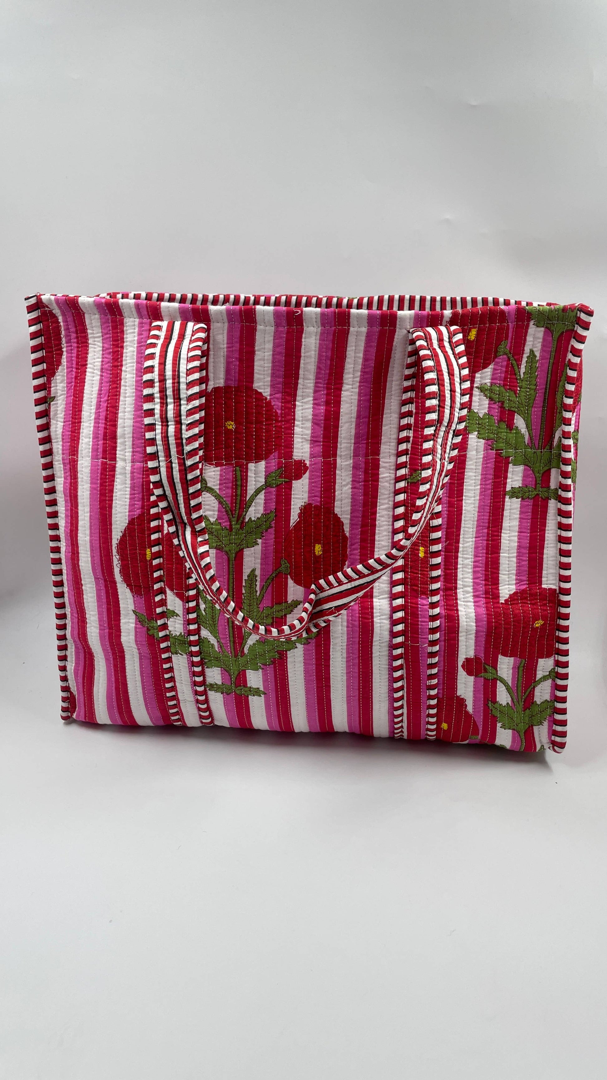 Pink & Red Floral Cotton Quilted Tote Bag