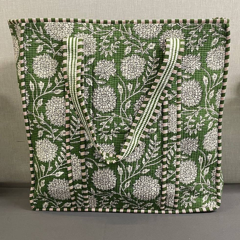 Green Marigold Cotton Kantha Floral Tote Bag