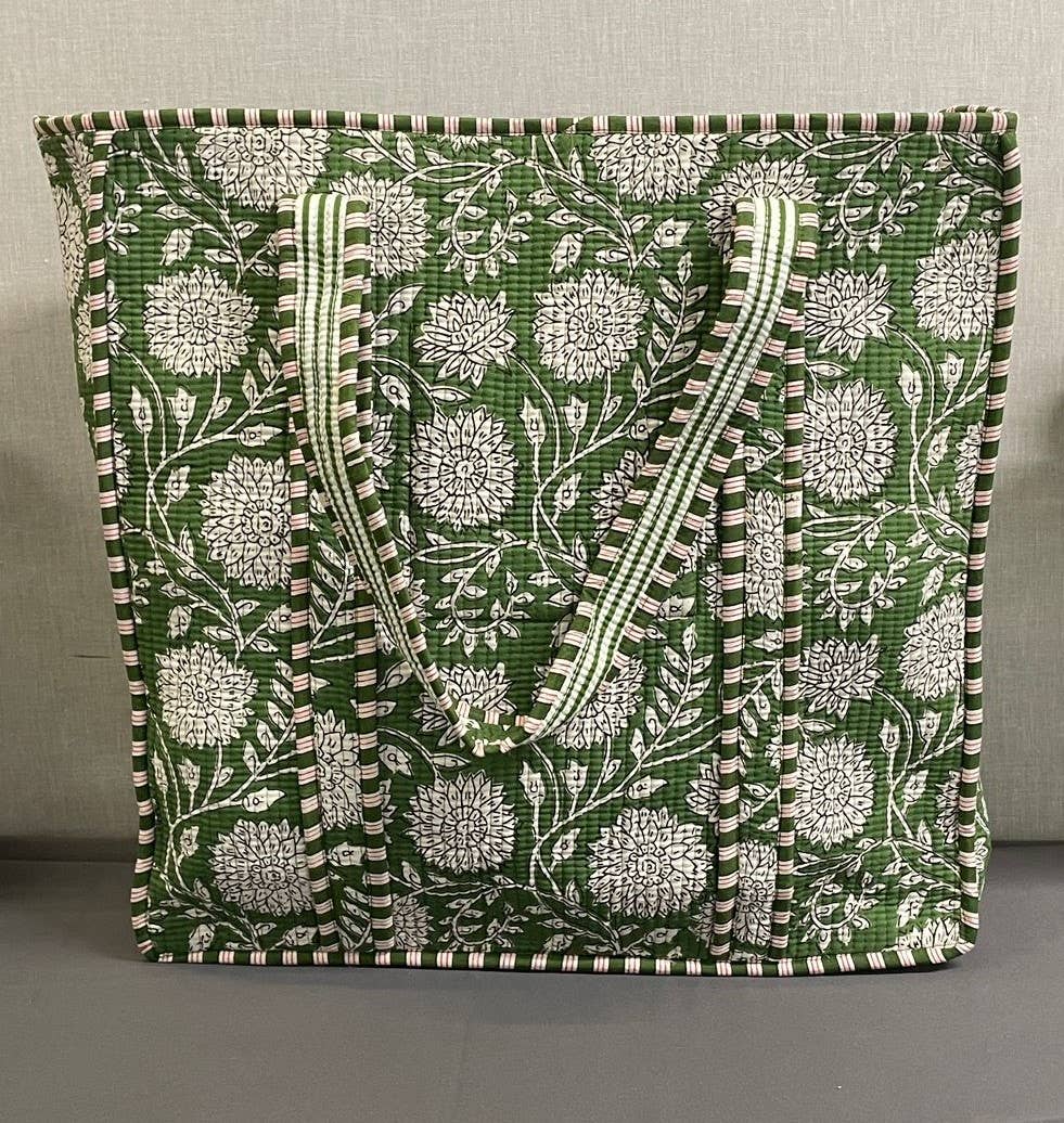 Green Marigold Cotton Kantha Floral Tote Bag