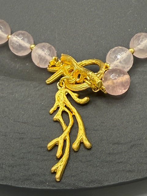 Rose Quartz and Gold Coral Charm Necklace