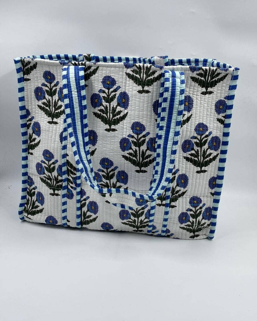 Kantha Quilted Blue Floral Tote Bag