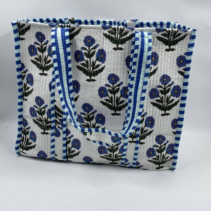 Kantha Quilted Blue Floral Tote Bag