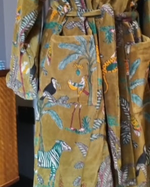 Luxury Velvet Robe - Olive green, tropical print