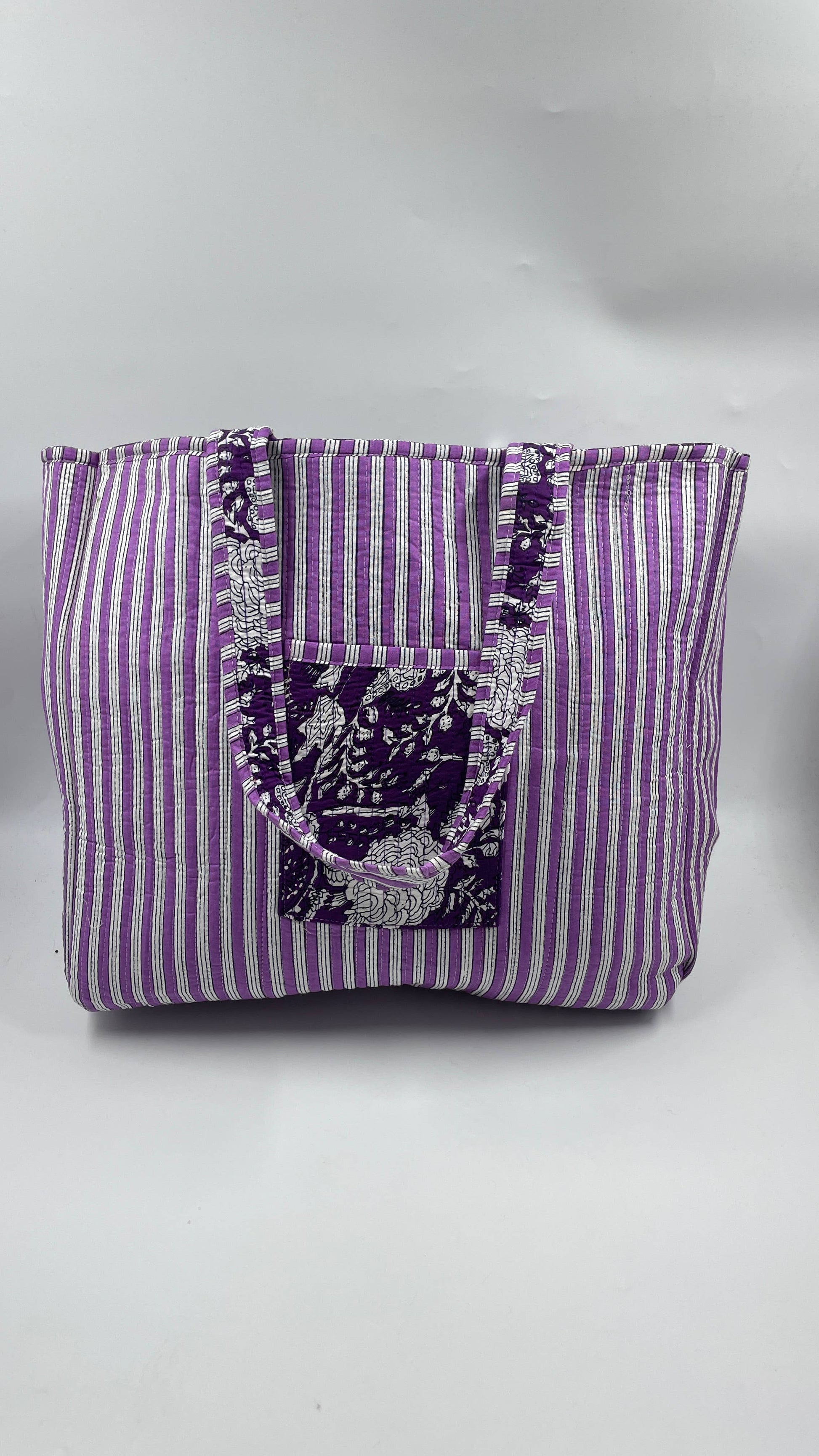 Purple Floral Cotton Quilted Tote Bag