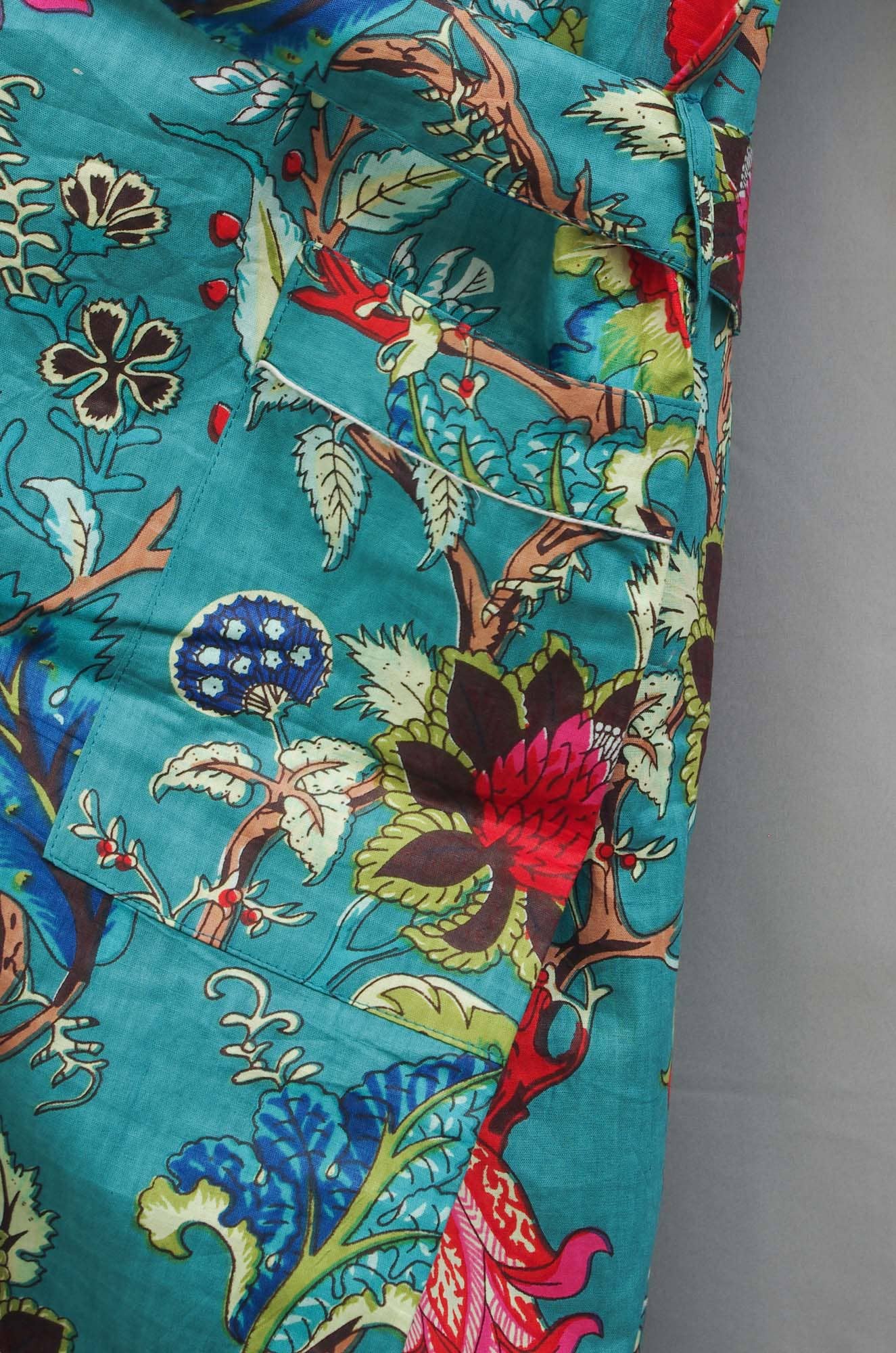 Cotton Kimono Dressing Gown Robe -Emerald Green Botanical