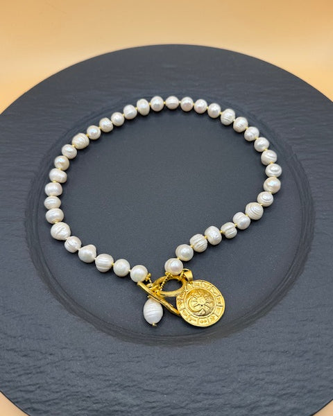 Freshwater Pearl & Gold Disc Necklace