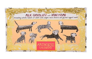 Box of Arthouse Unlimited milk chocolate with honeycomb, featuring illustrations of dogs.
