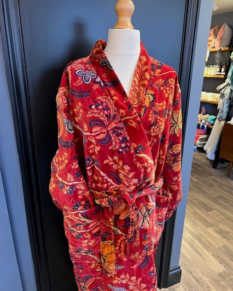 Luxury Velvet Robe - Red Botanical