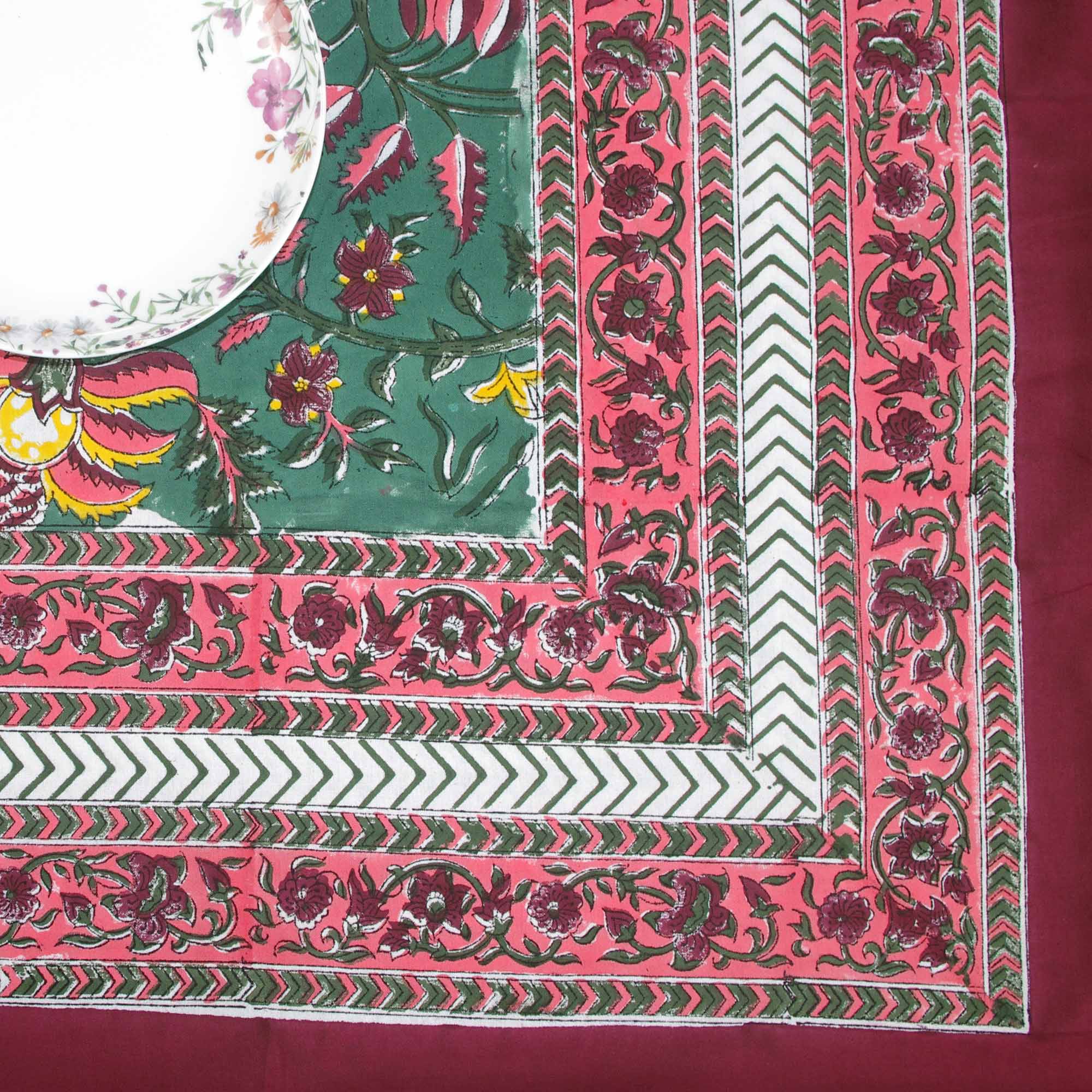 Six  Seater Block Printed Rectangular Tablecloth- Pink Green Magic