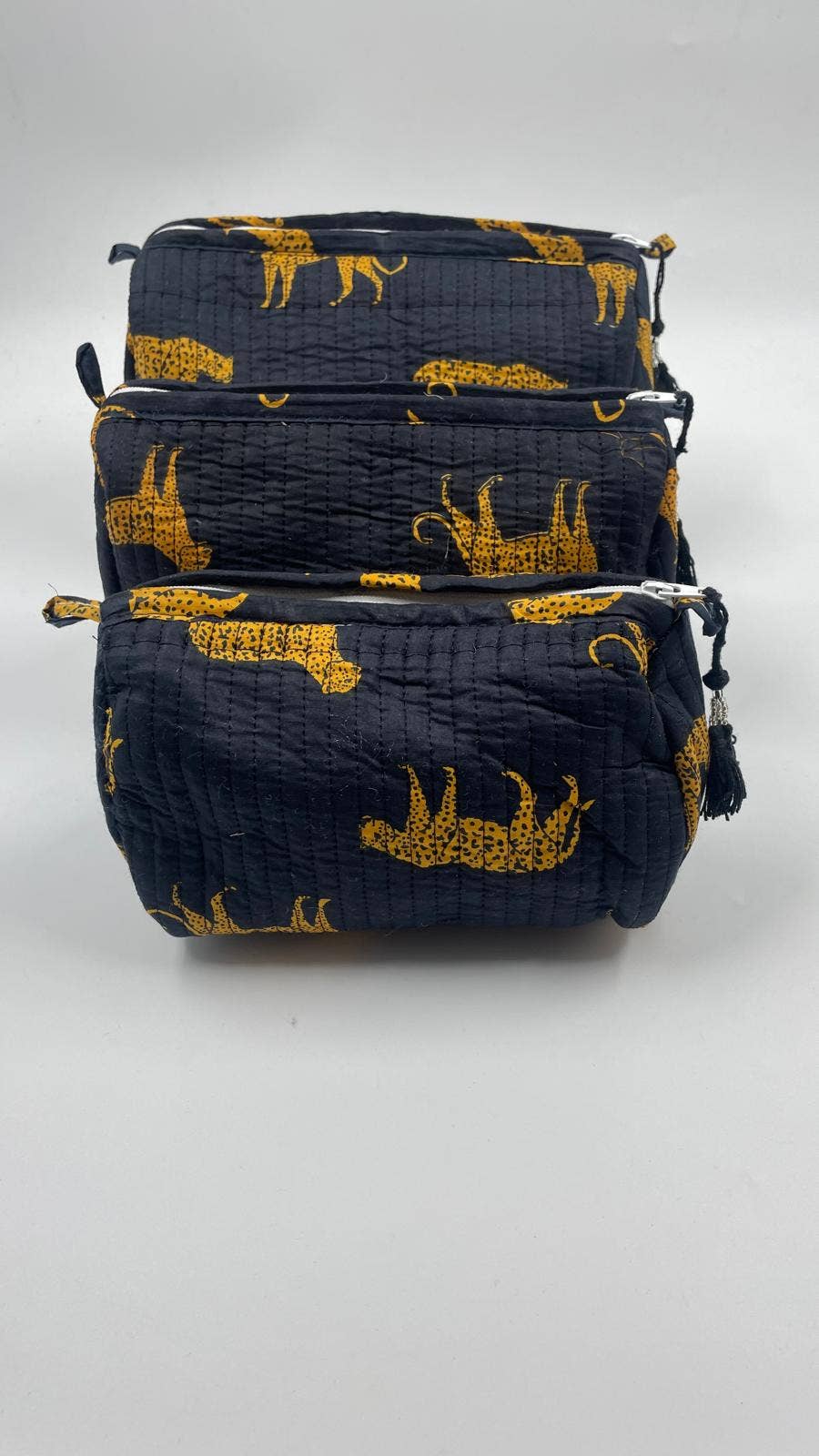 Black leopard print  quilted wash bags, set of three