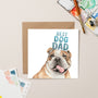 Card with a bulldog illustration and 'Best Dog Dad' text on a beige background