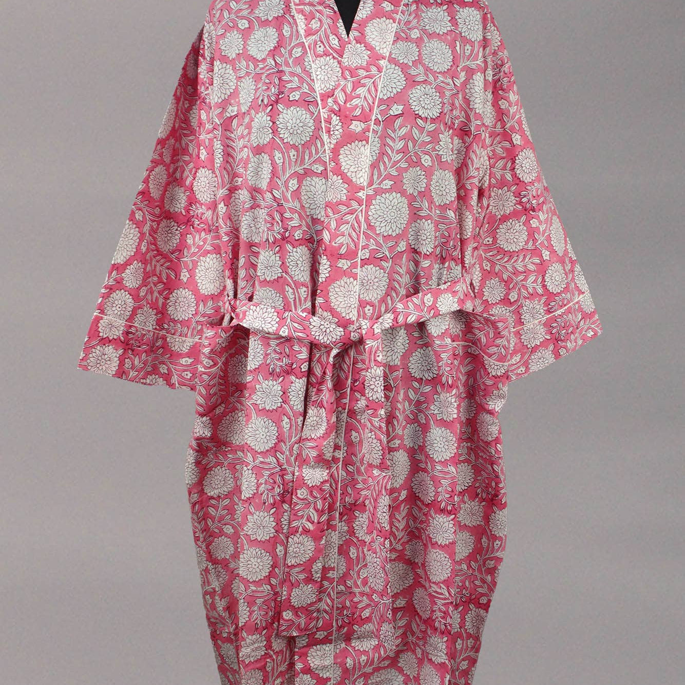 Cotton Kimono Dressing Gown - White Flowers On Pink