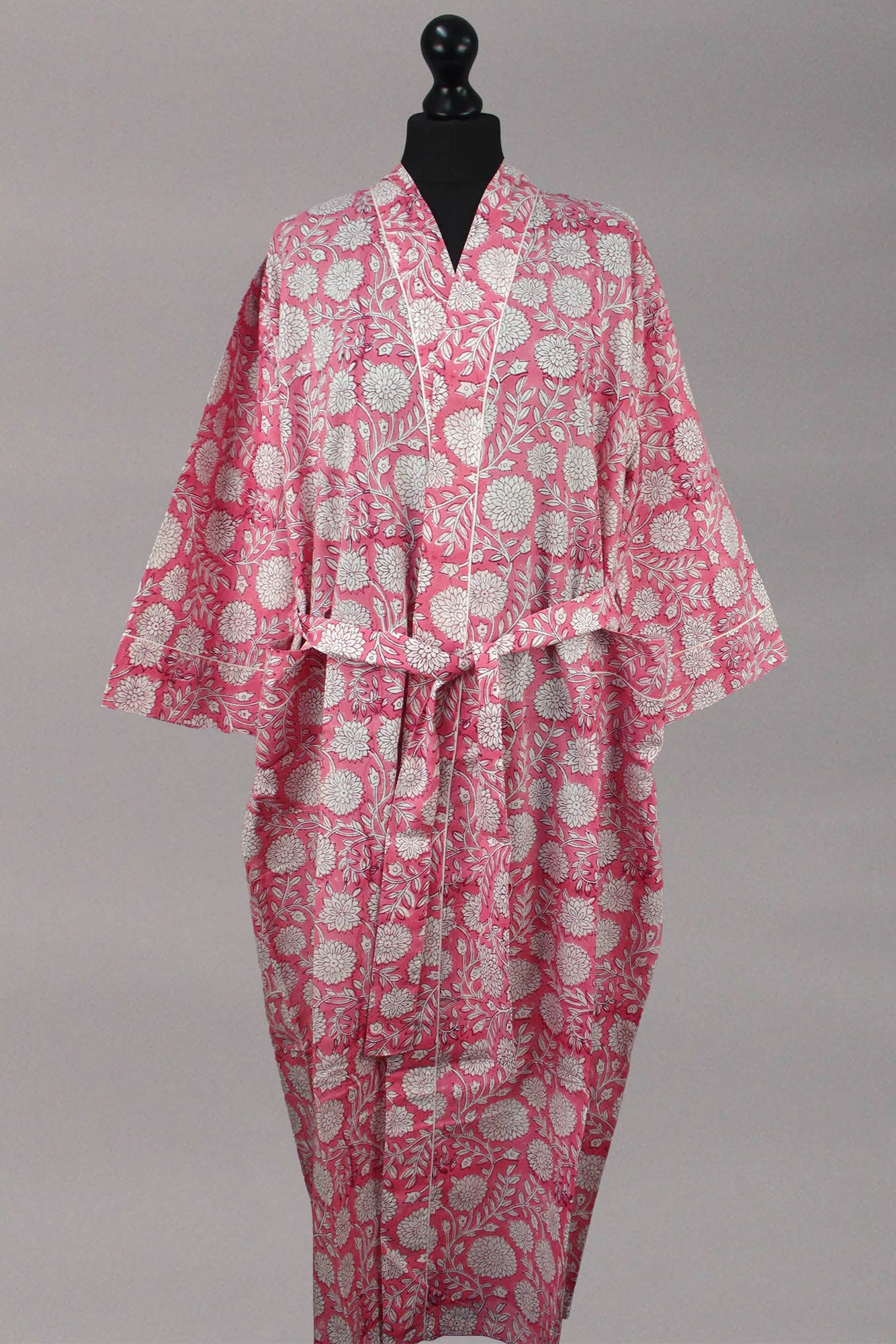 Cotton Kimono Dressing Gown - White Flowers On Pink