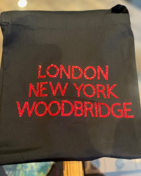 Black Apron, London New York Woodbridge Red Letters