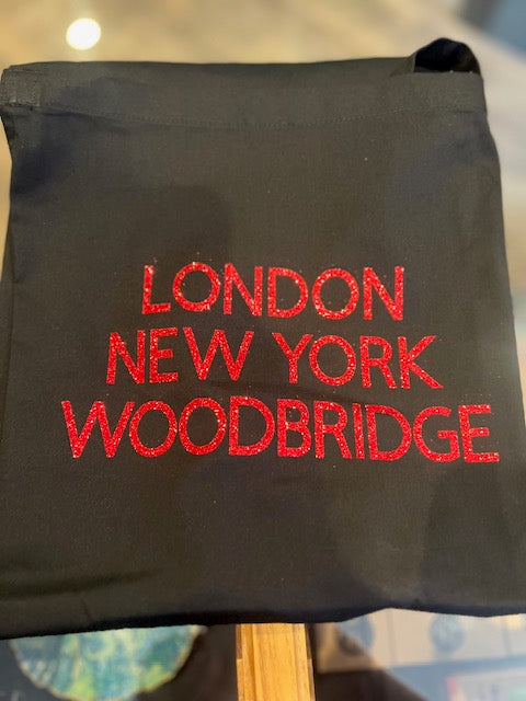 Black Apron, London New York Woodbridge Red Letters