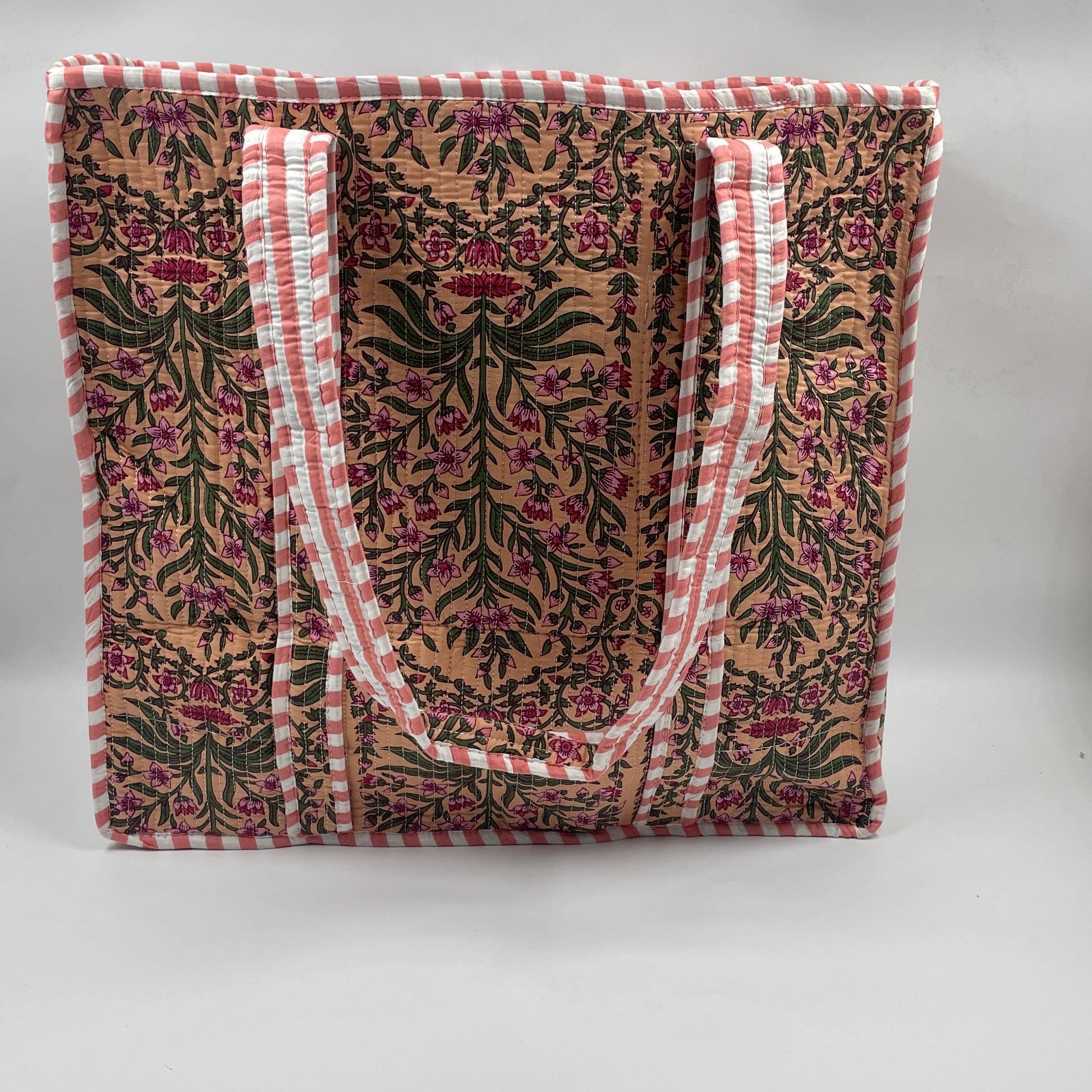 Pink & Green botanical Cotton Kantha Tote Bag