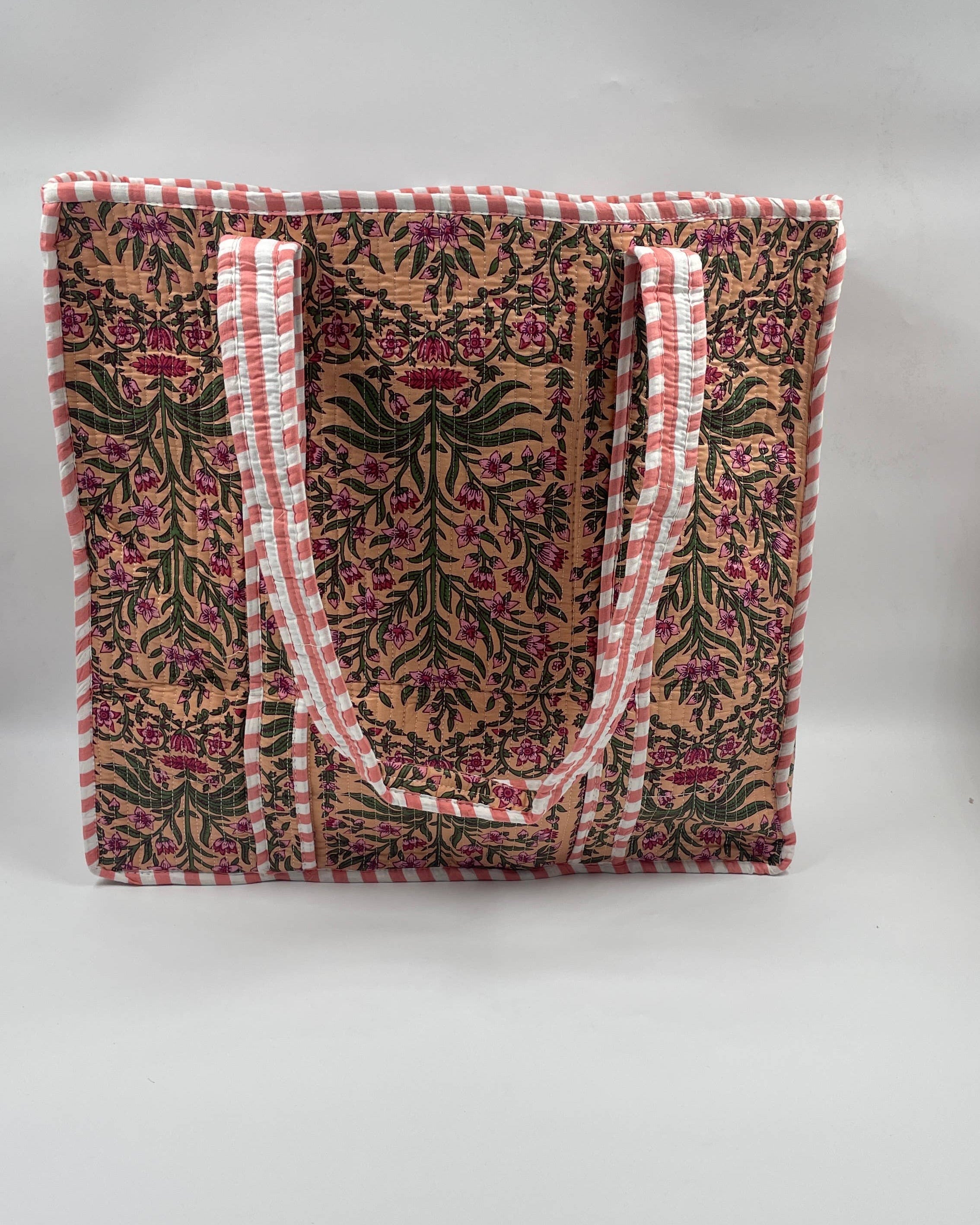Pink & Green botanical Cotton Kantha Tote Bag