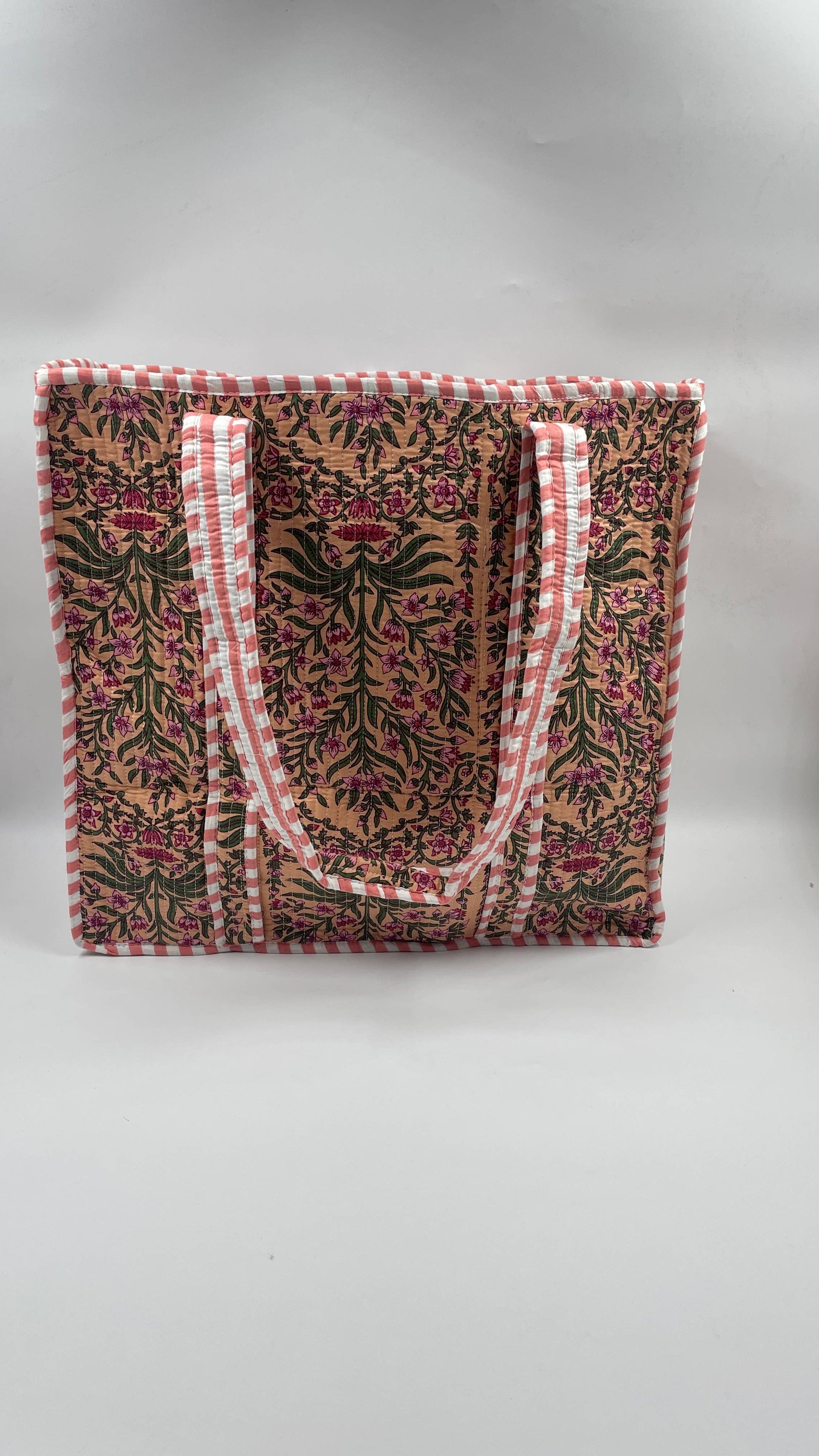 Pink & Green botanical Cotton Kantha Tote Bag