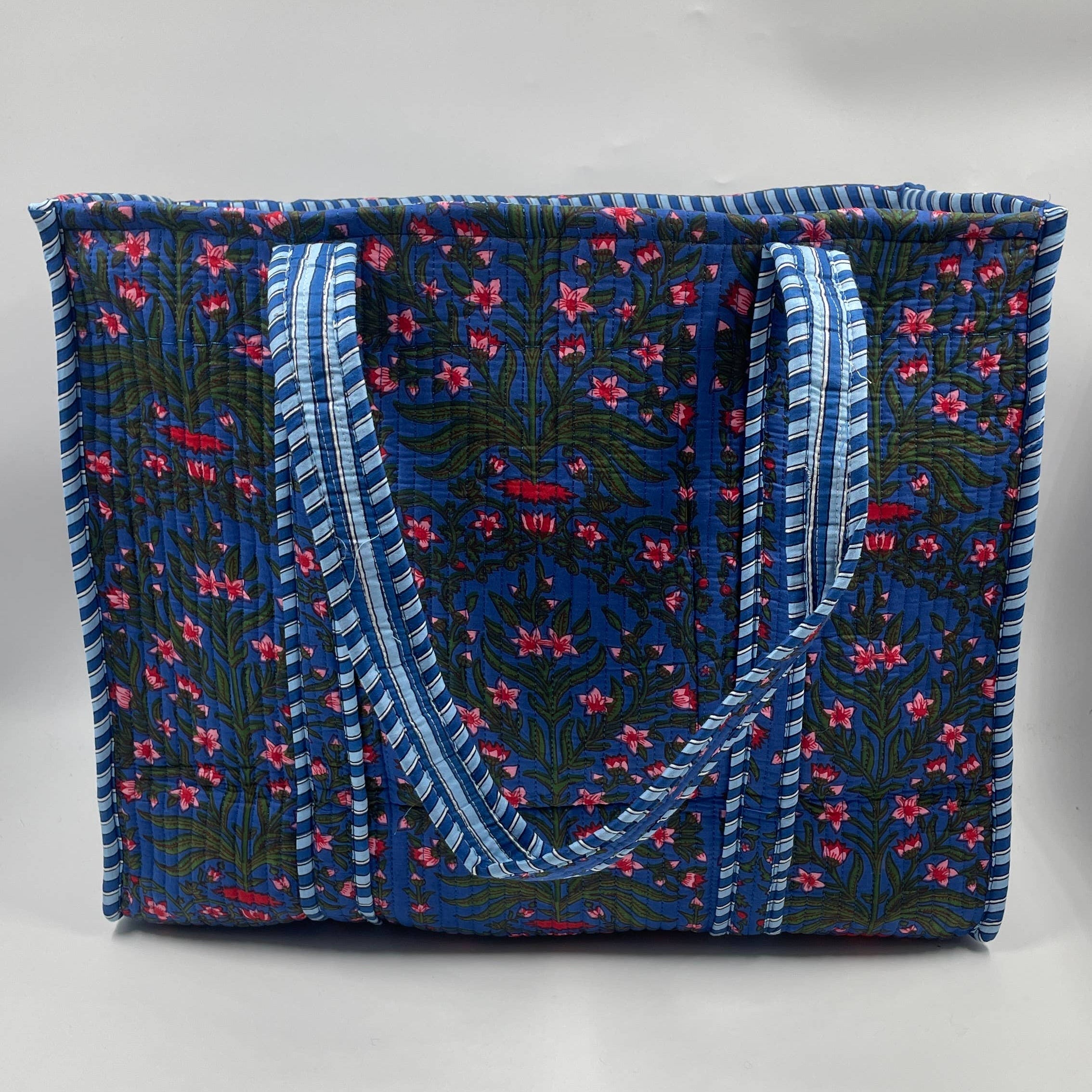 Dark Blue Floral Cotton Quilted Tote Bag