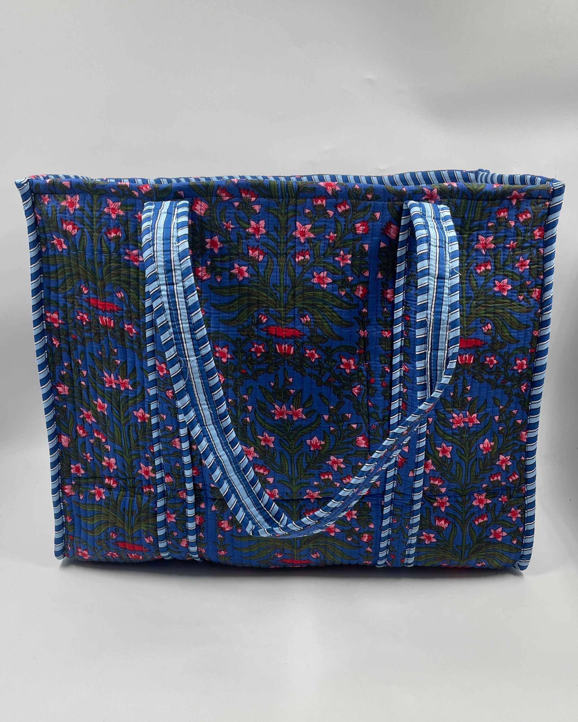 Dark Blue Floral Cotton Quilted Tote Bag