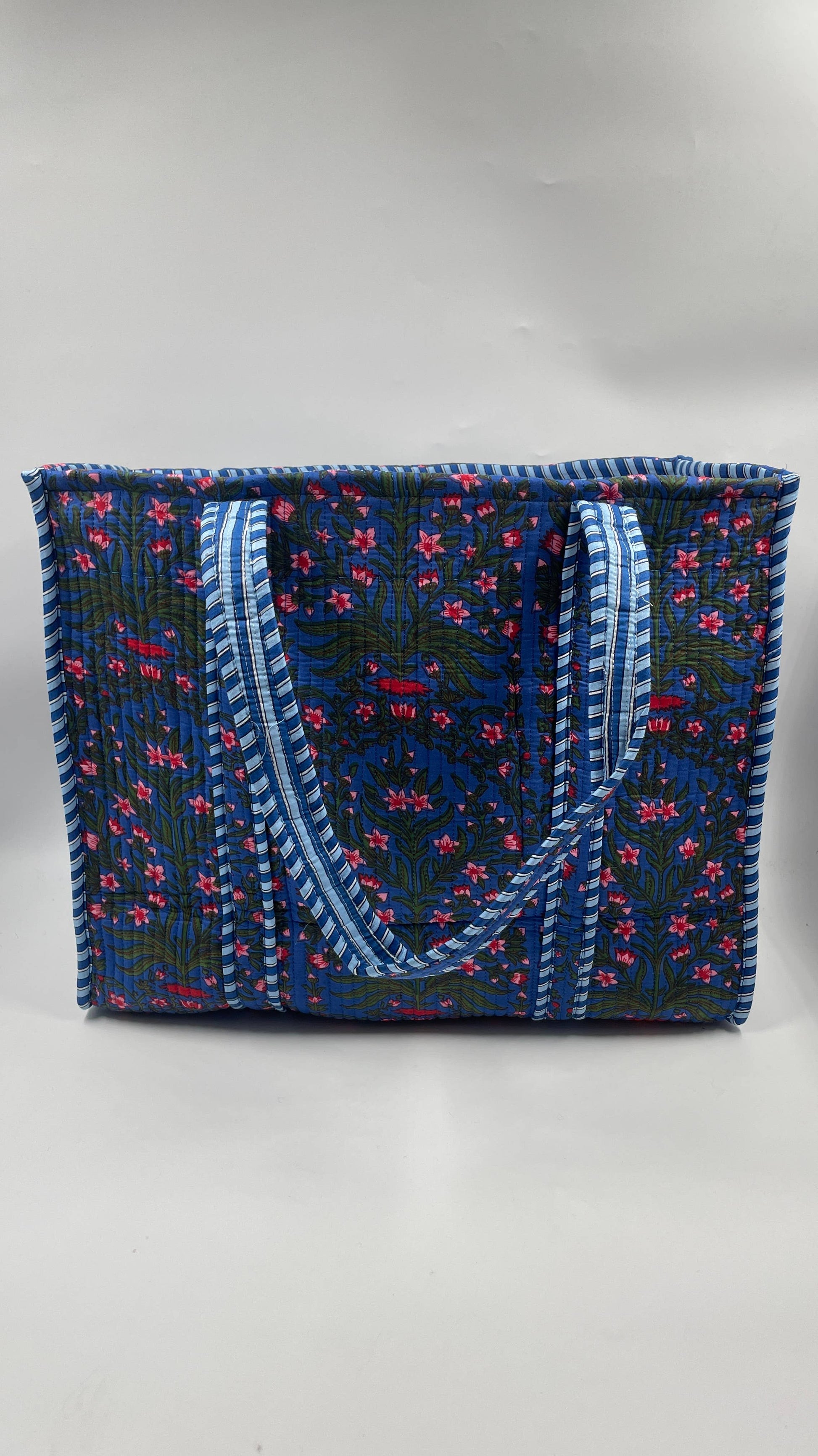 Dark Blue Floral Cotton Quilted Tote Bag