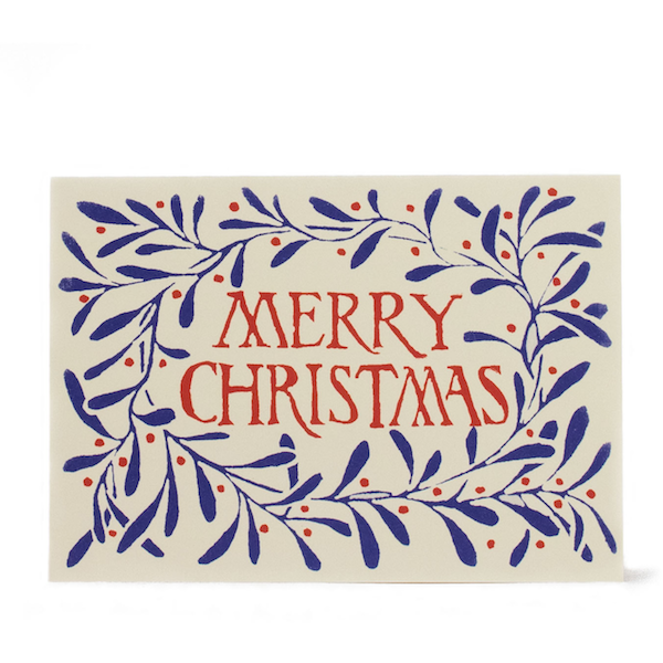 Christmas card with 'Merry Christmas' text surrounded by blue leaves and red dots on a beige background