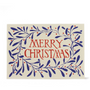 Christmas card with 'Merry Christmas' text surrounded by blue leaves and red dots on a beige background