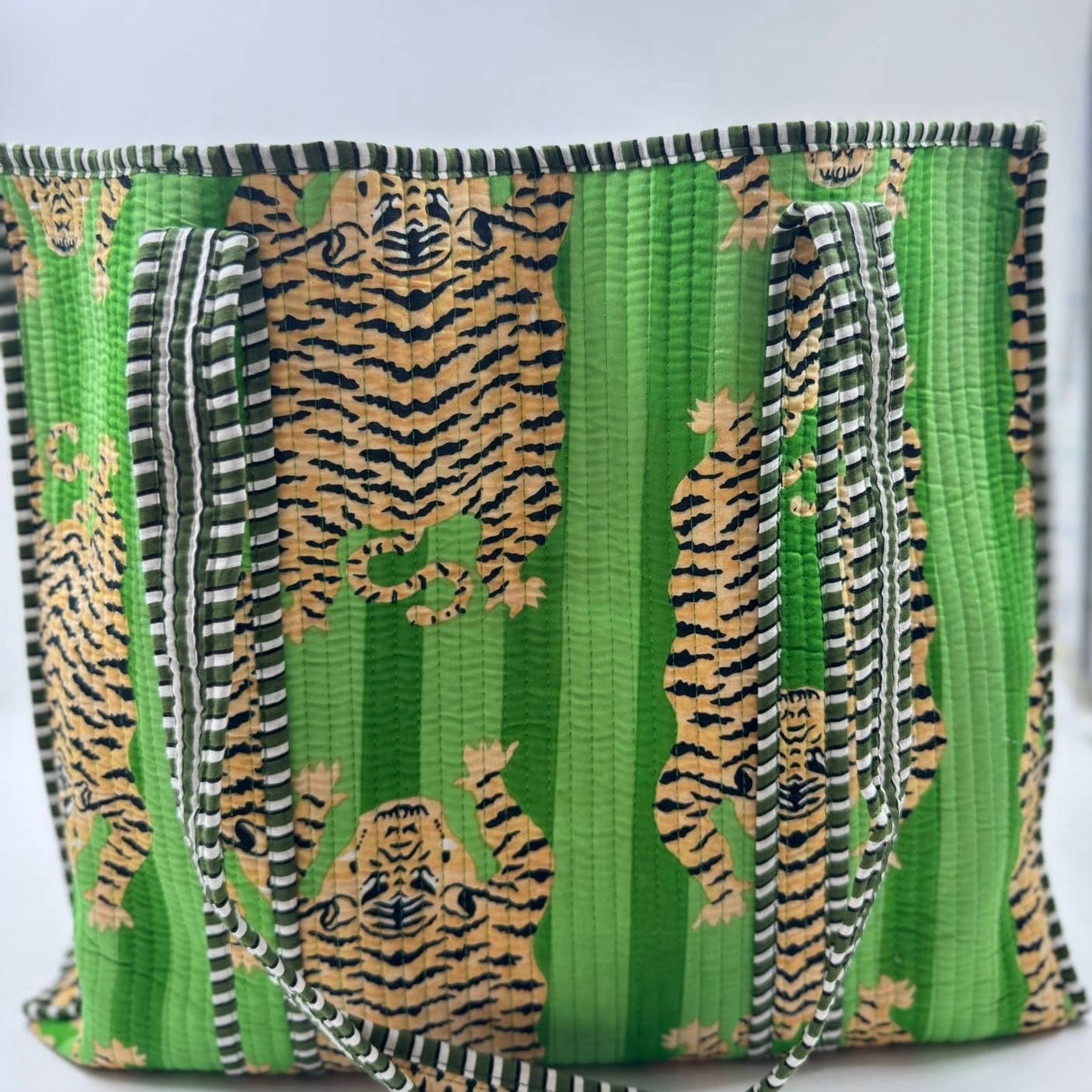 Green Tiger Print Cotton Quilted Tote Bag