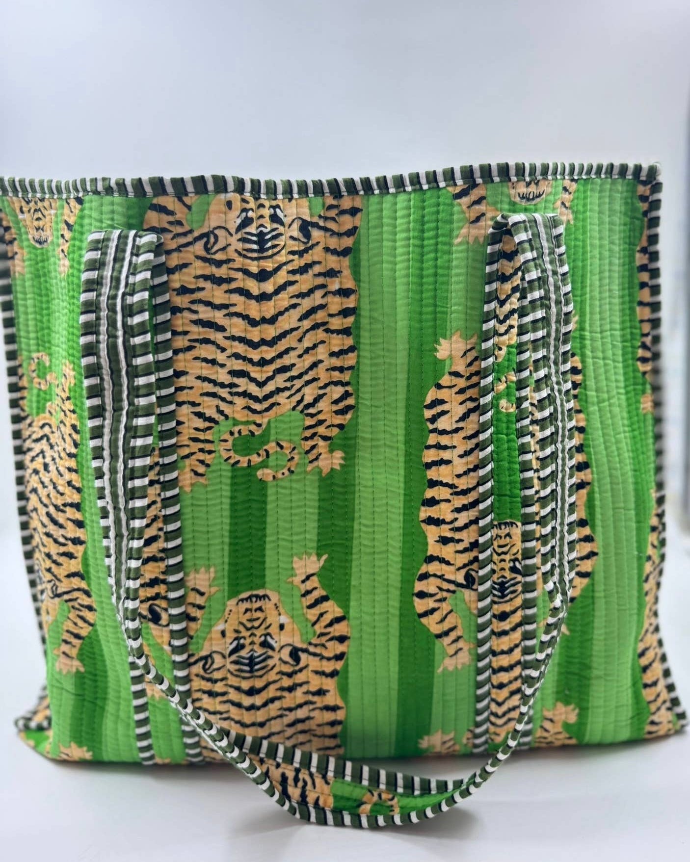 Green Tiger Print Cotton Quilted Tote Bag