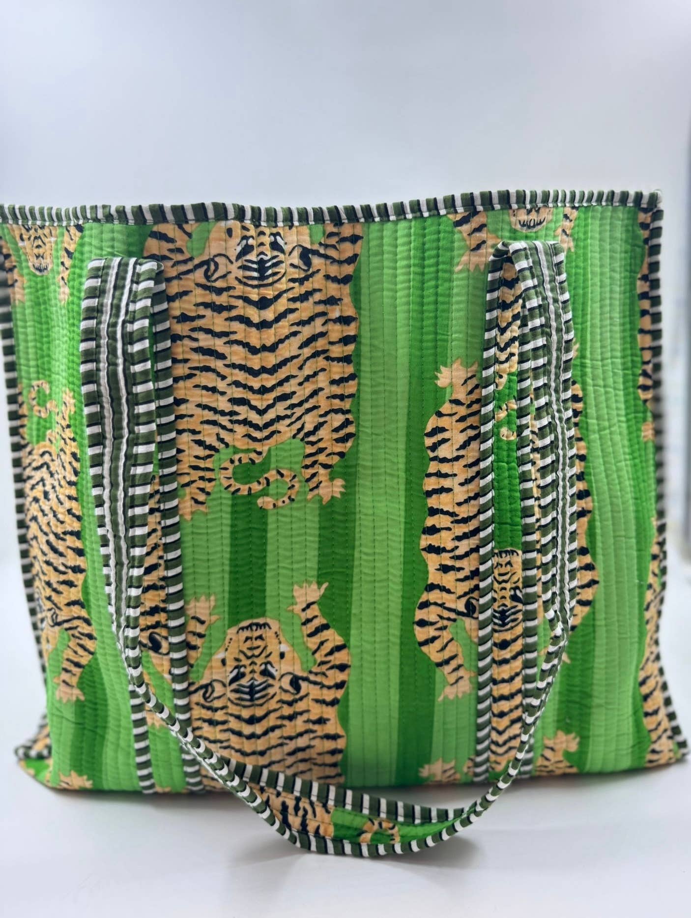 Green Tiger Print Cotton Quilted Tote Bag