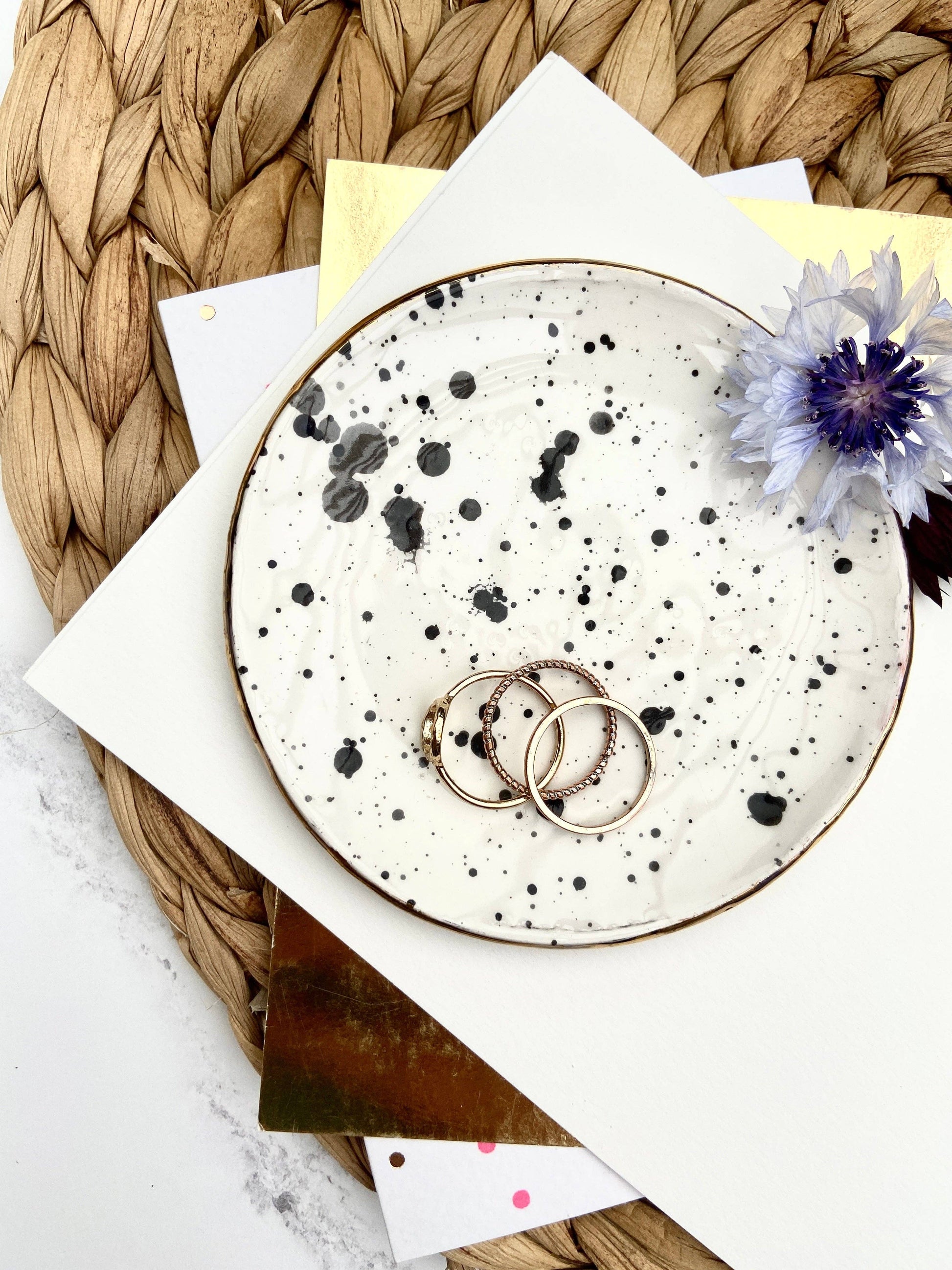 Black and White Spotty Ceramic Trinket Dish: Gold