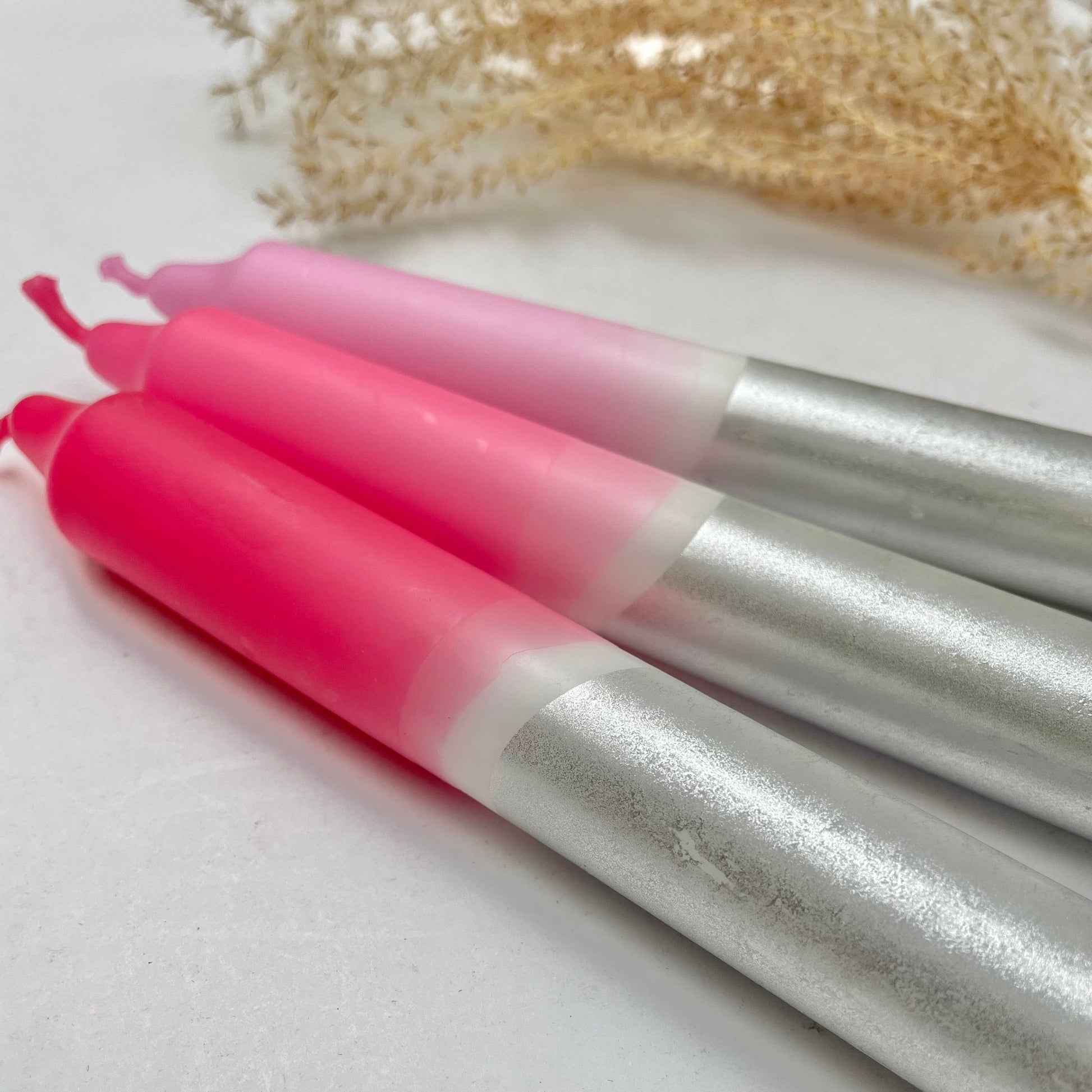 Rosy Hues & Silver Dip Dye Dinner Candles