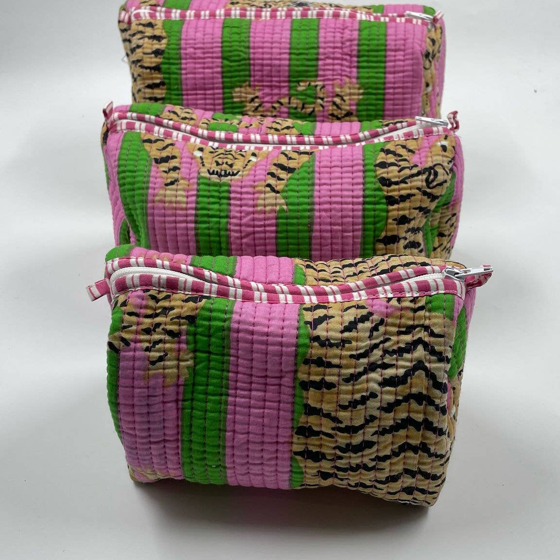 Pink & Green Tiger quilted wash bags -  Set of 3 small, medium & large
