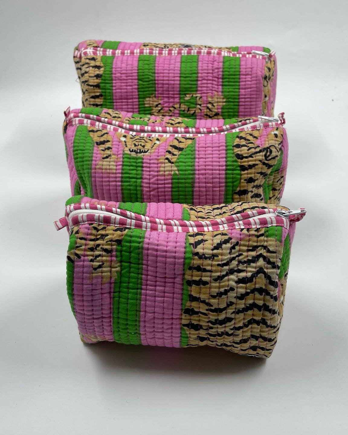 Pink & Green Tiger quilted wash bags -  Set of 3 small, medium & large