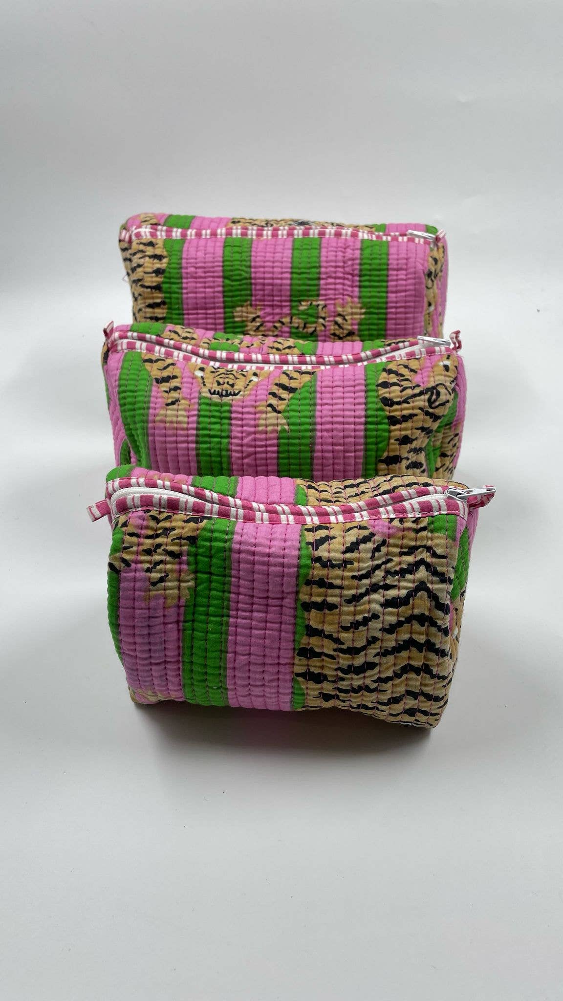 Pink & Green Tiger quilted wash bags -  Set of 3 small, medium & large