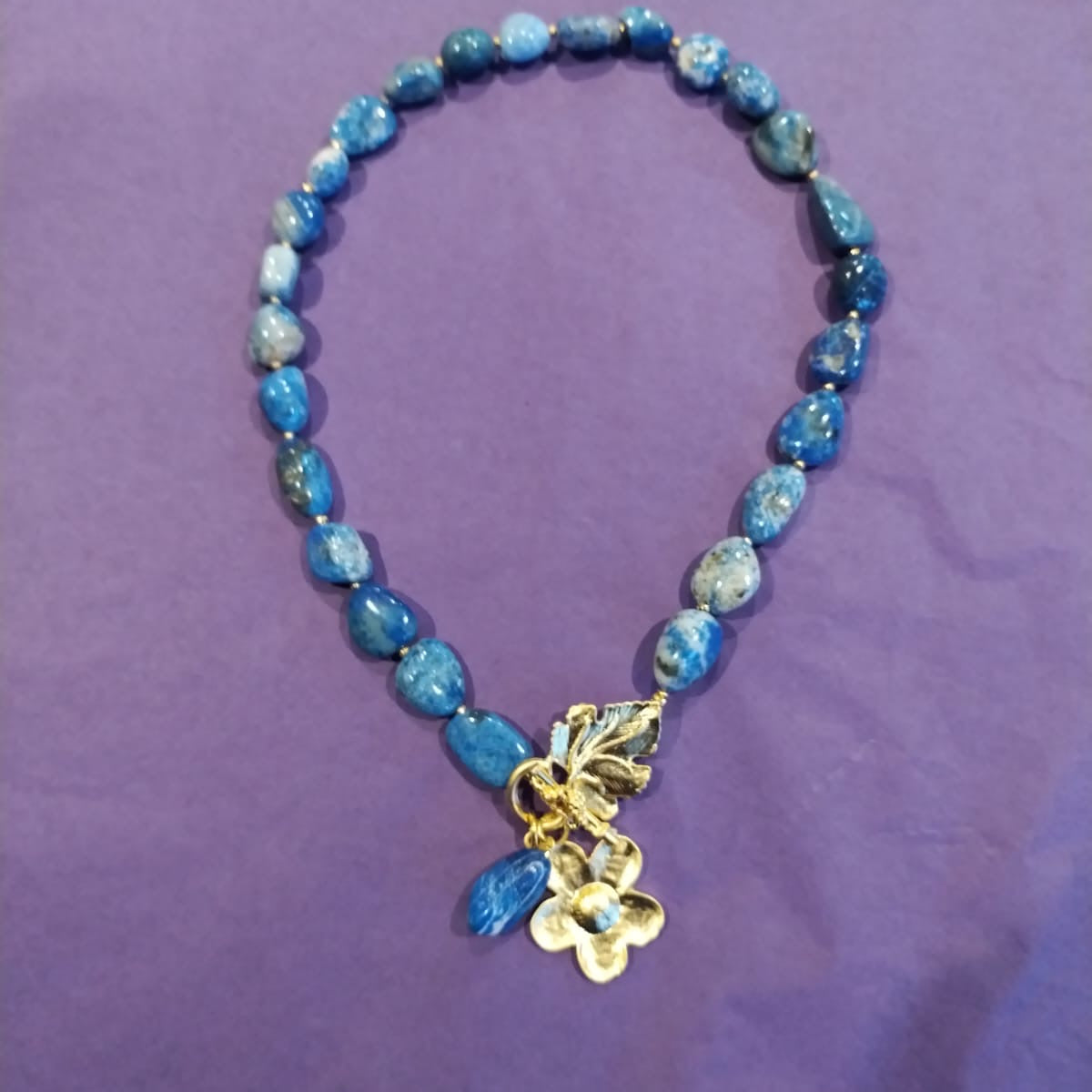 Blue Lapis Bead Necklace With gold flower & leaf clasp