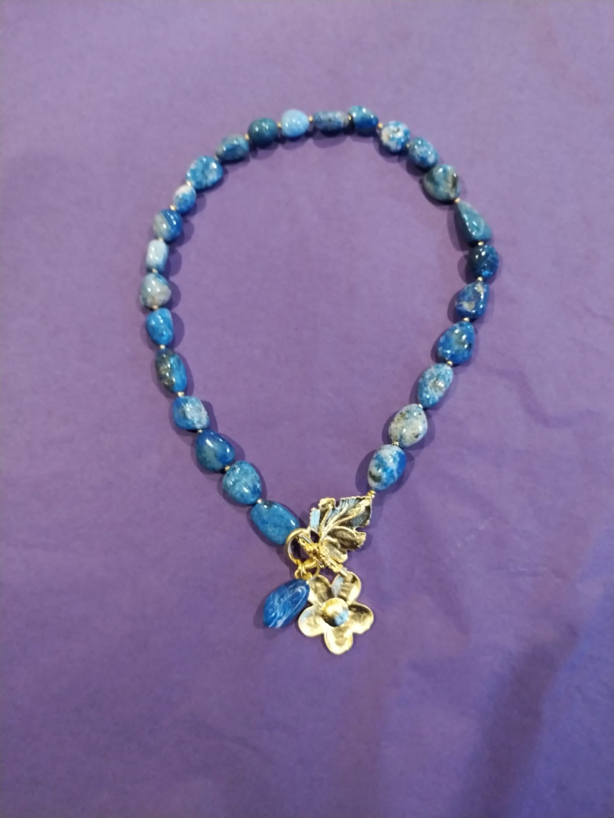 Blue Lapis Bead Necklace With gold flower & leaf clasp