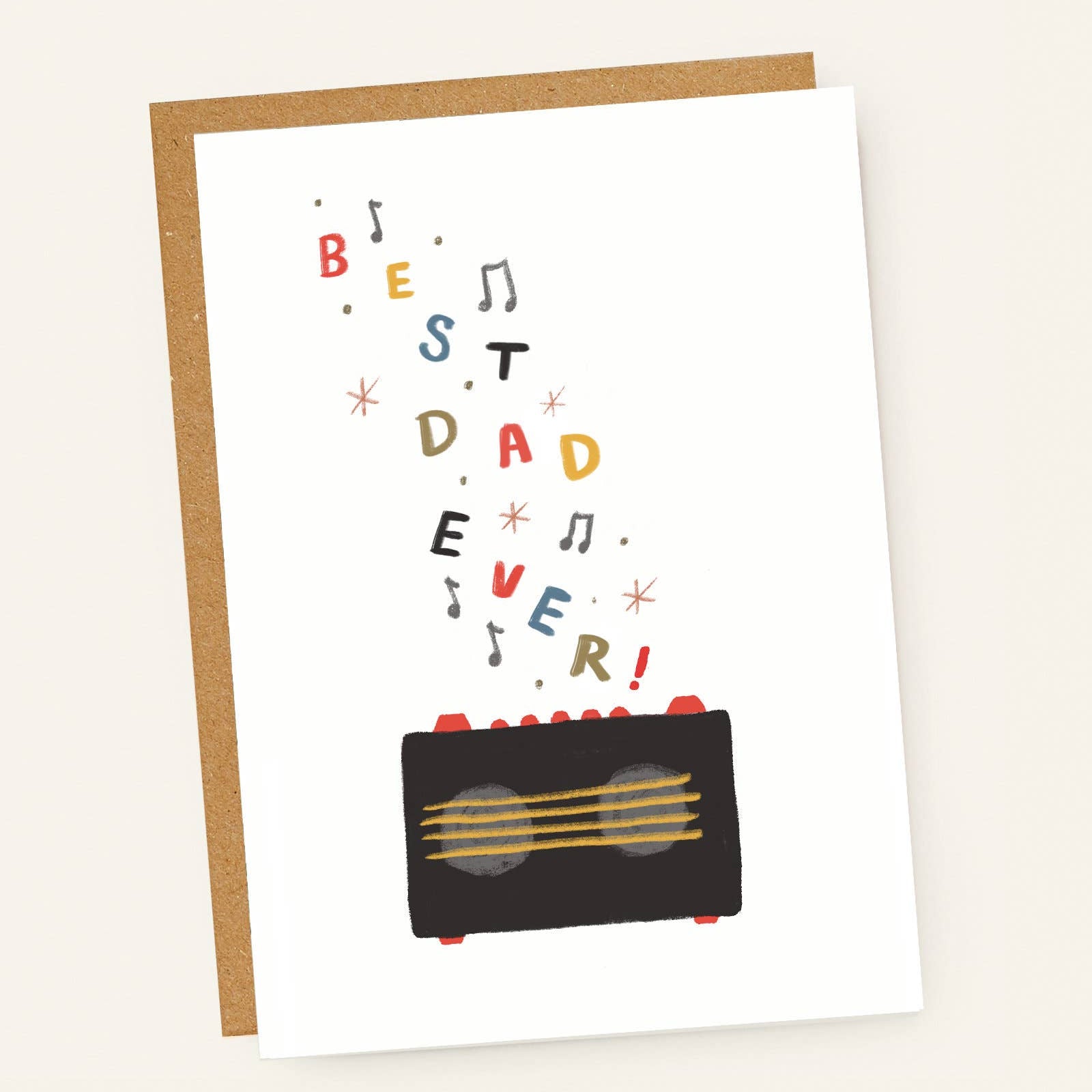Greeting card with 'Best Dad Ever!' text and radio illustration on a white background