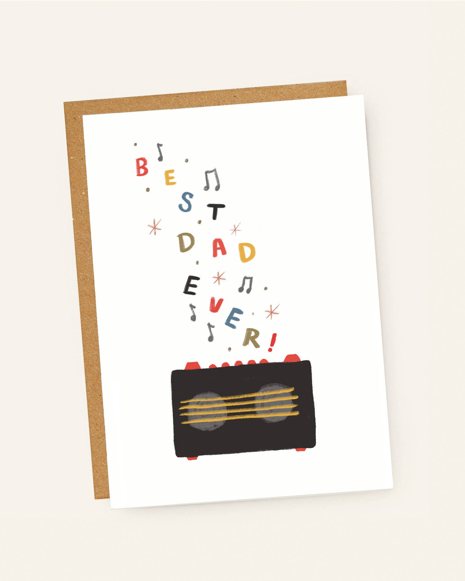 Greeting card with 'Best Dad Ever!' text and radio illustration on a white background