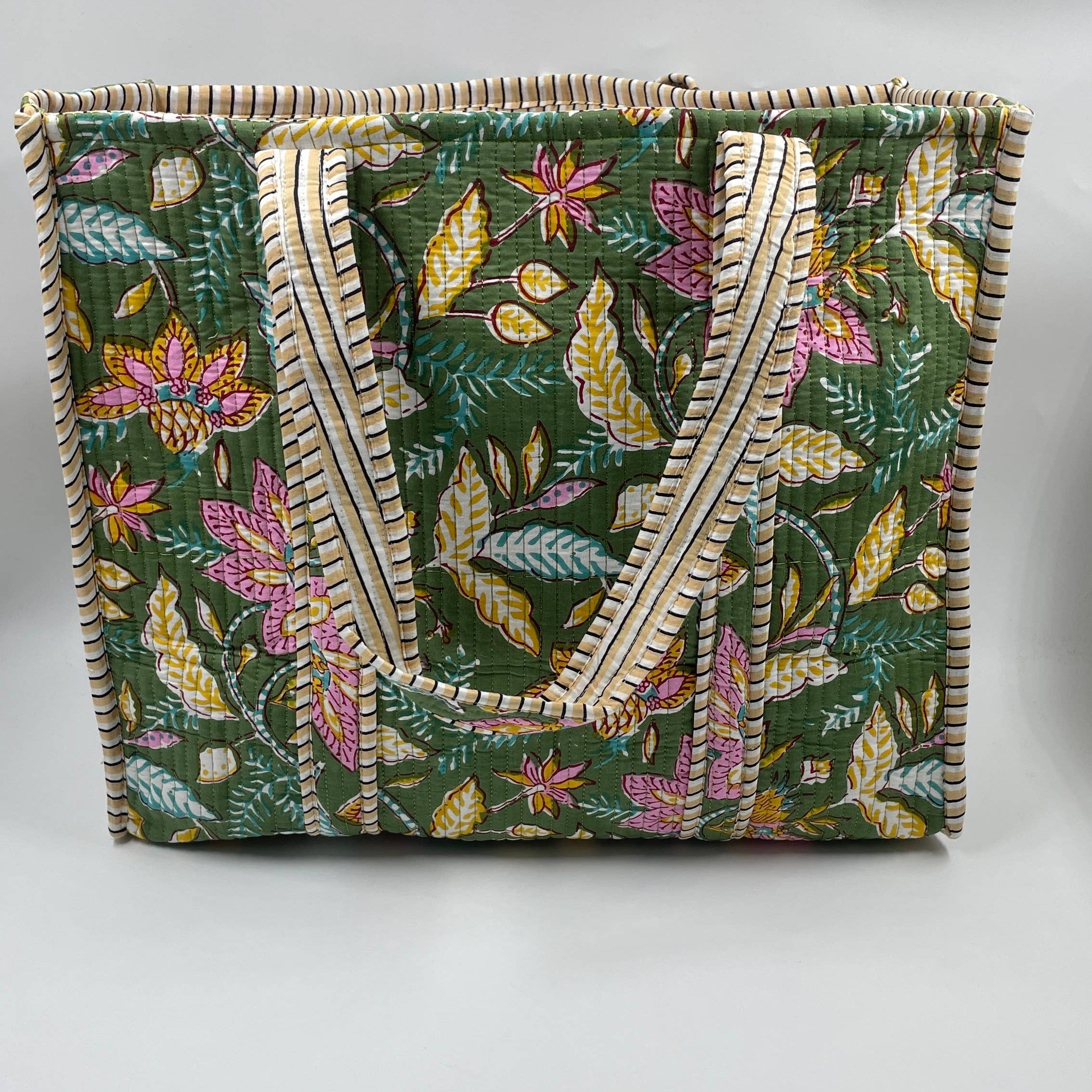 Green Vibrant Floral Cotton Quilted Tote Bag