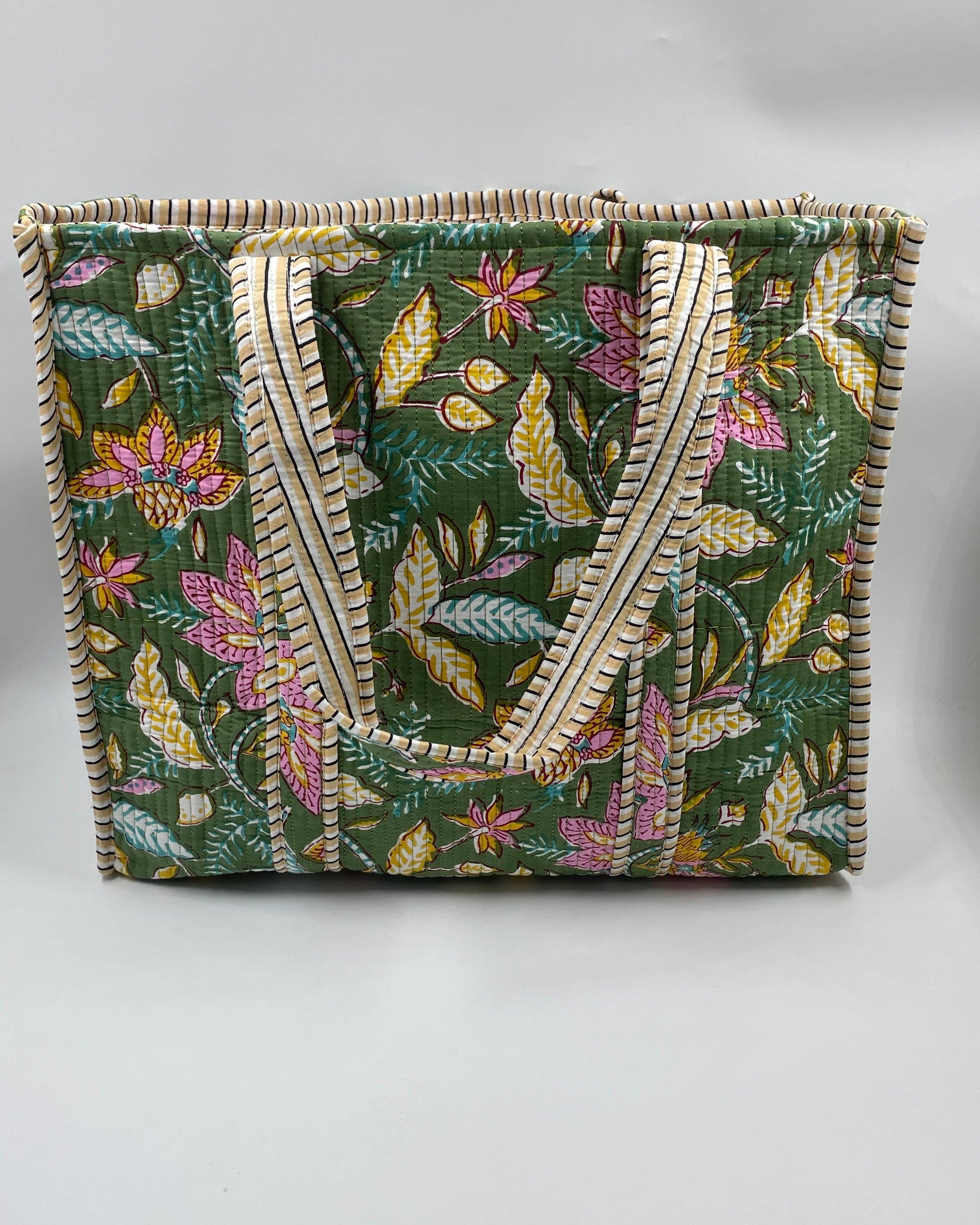Green Vibrant Floral Cotton Quilted Tote Bag