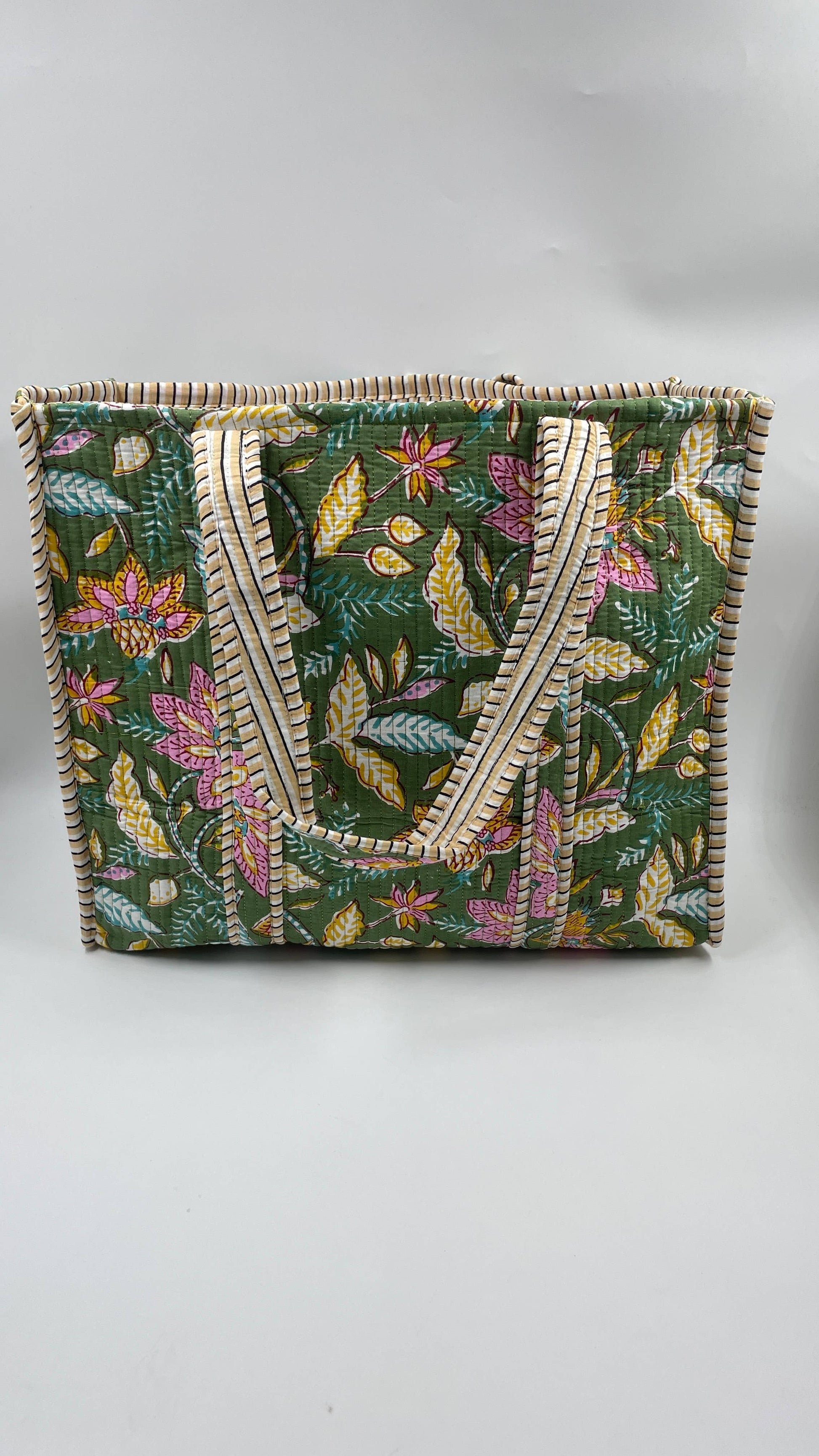 Green Vibrant Floral Cotton Quilted Tote Bag