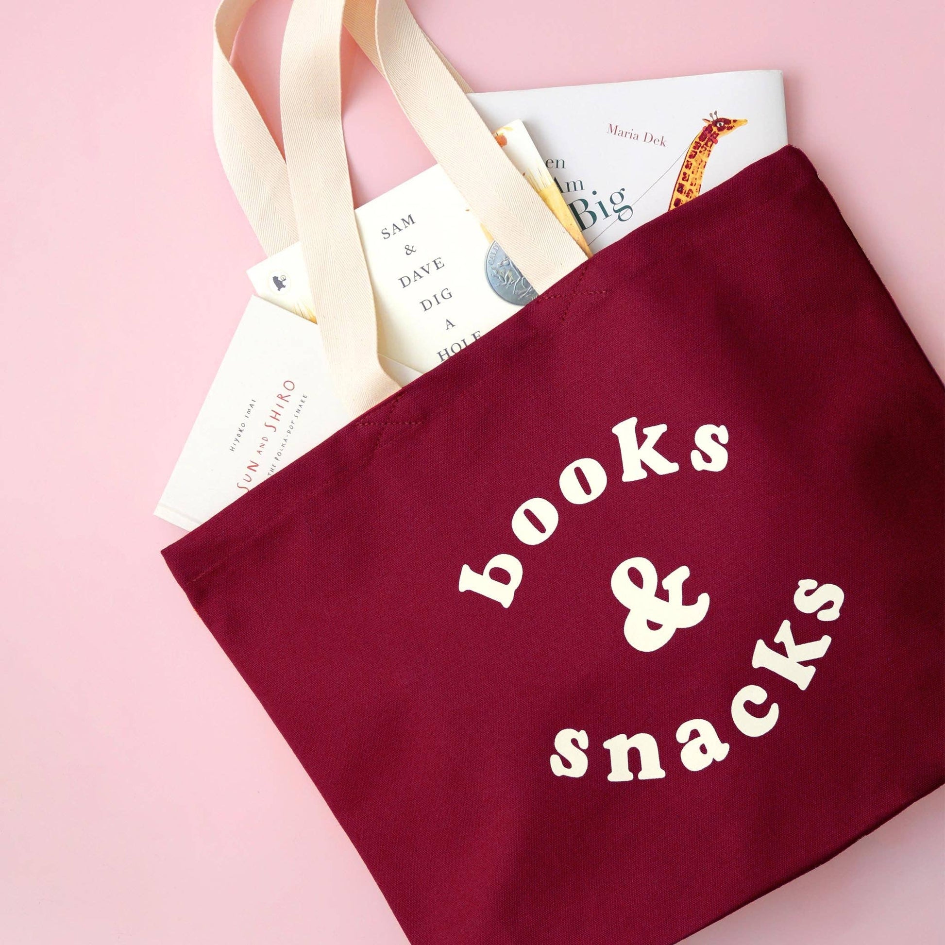 Books & Snacks - Burgundy Canvas Tote Bag