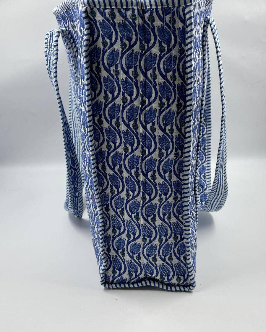 Blue Lotus Cotton Quilted Tote Bag