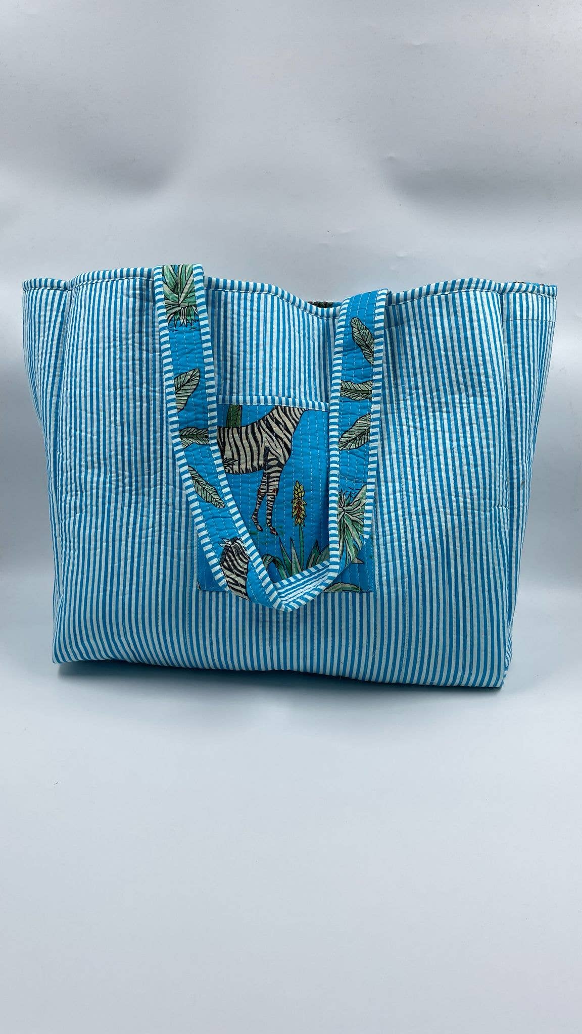 Aqua, Jungle Design Kantha Quilted Tote Bag