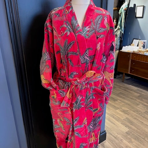 Luxury Velvet Robe - Pink Tropical Animals