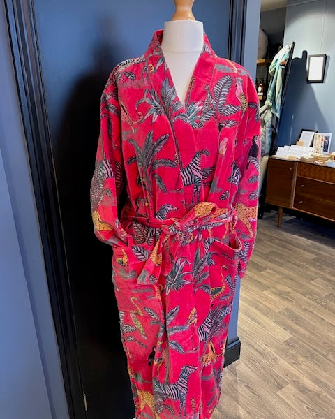 Luxury Velvet Robe - Pink Tropical Animals