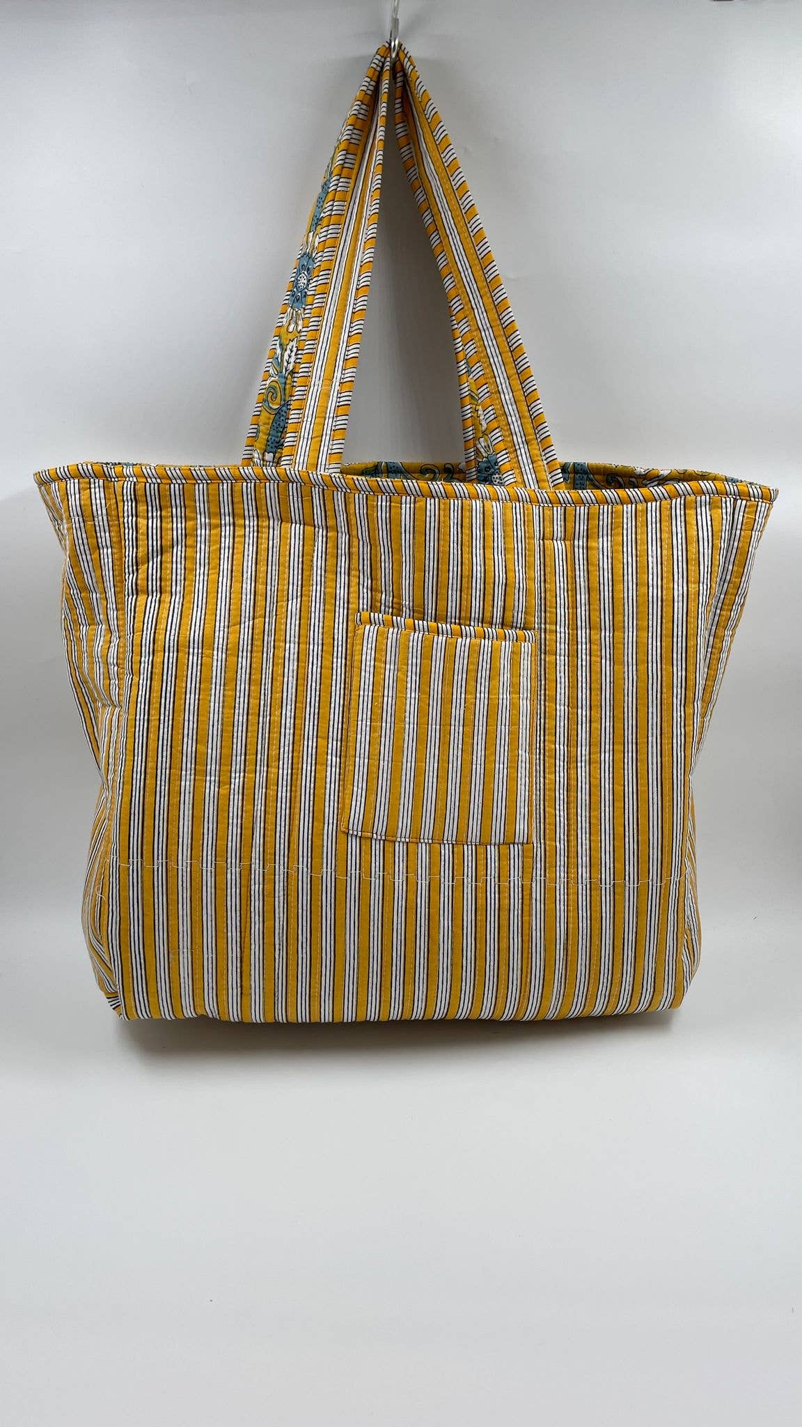 Gold Floral Cotton Quilted Tote Bag