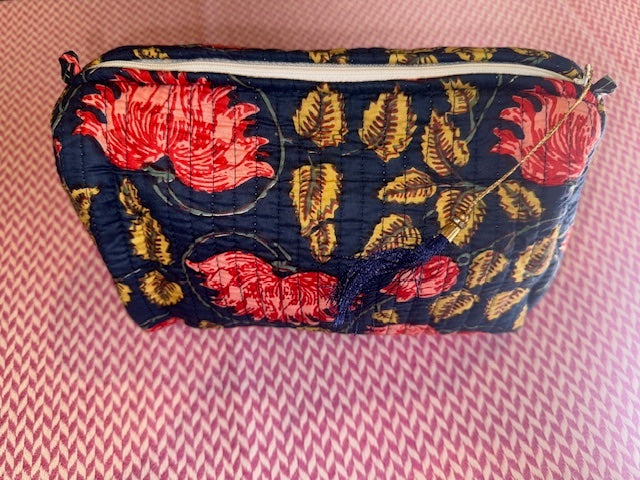 Red Flowers On Blue set of three wash bags